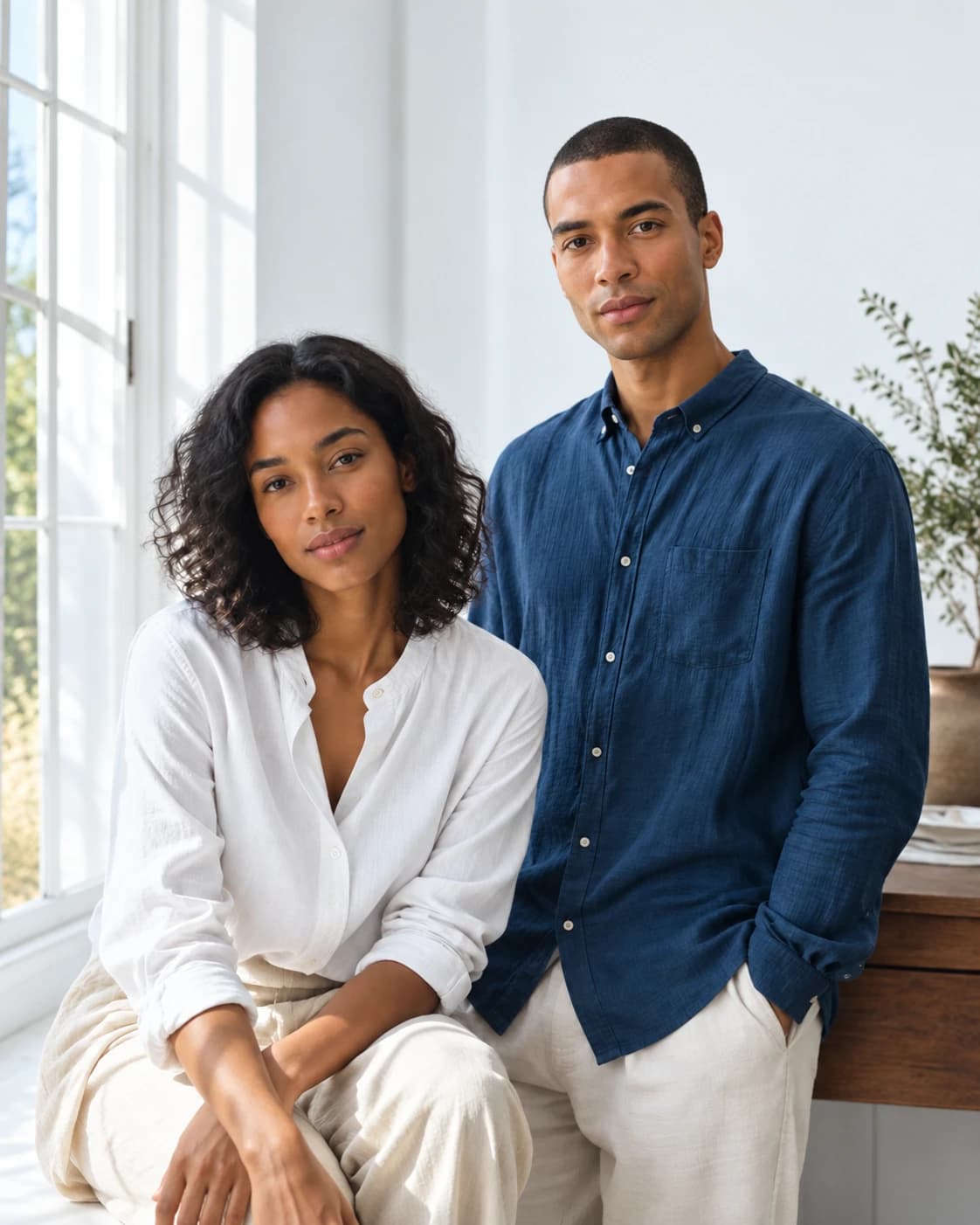 Editorial photograph of two adults with different hair lengths beside a sunlit window